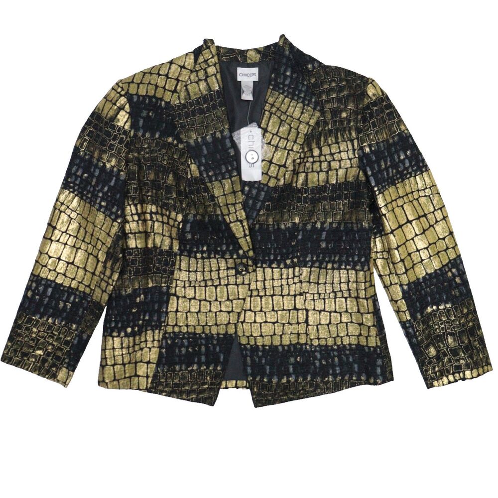 Chico's‎ Womens Jacket Blazer Gold Black Silk Snake Art to Wear Formal Sz 2 NWT